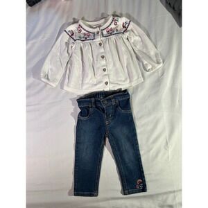 Carters Baby Girls 12M White Embroidered Gauze Top and Denim Jeans 2pc Set